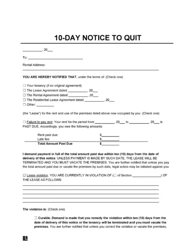 10-Day Eviction Notice to Quit Template