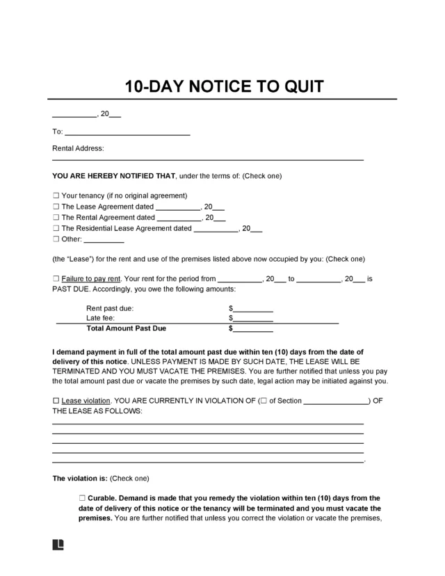10-Day Eviction Notice to Quit Template