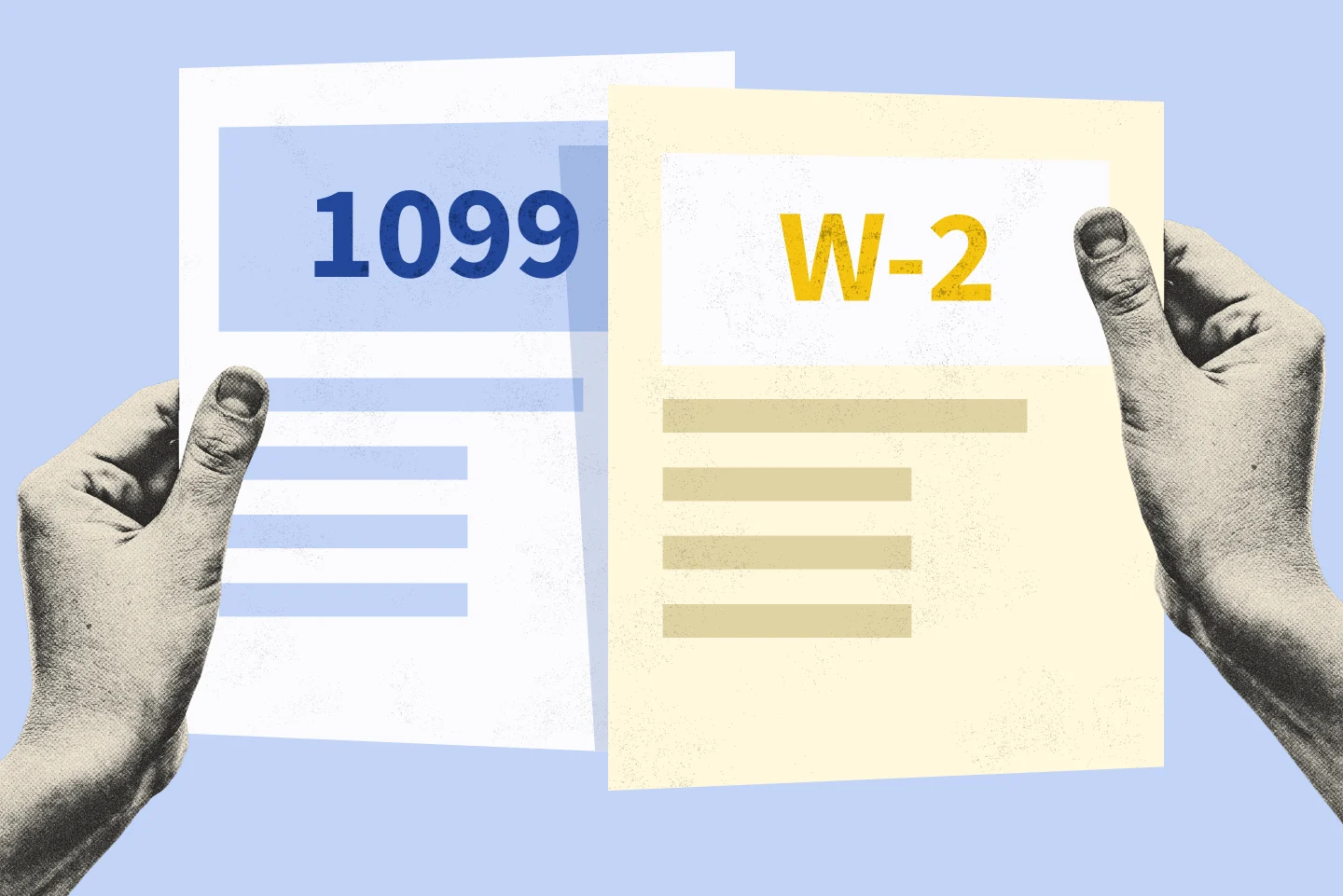 Hands holding tax forms labeled 1099 and W-2.