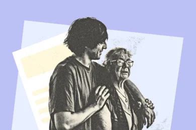 an adult son hugging his elderly mother to demonstrate the process of getting guardianship of an elderly parent