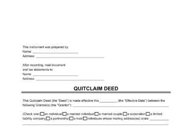 Sample of a quitclaim deed contract to transfer property