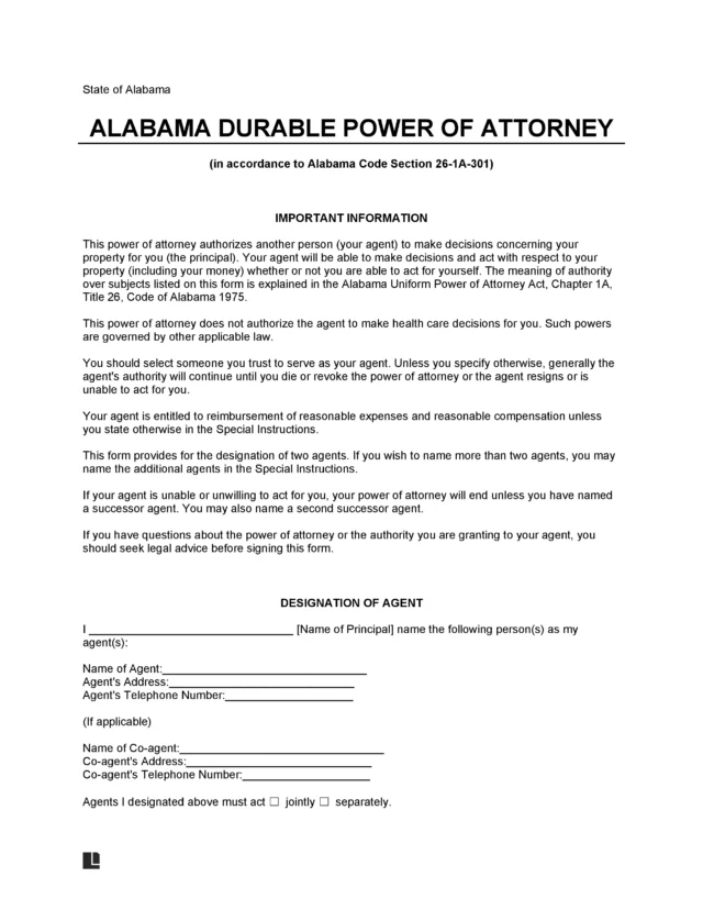 Alabama Durable Statutory Power of Attorney Form