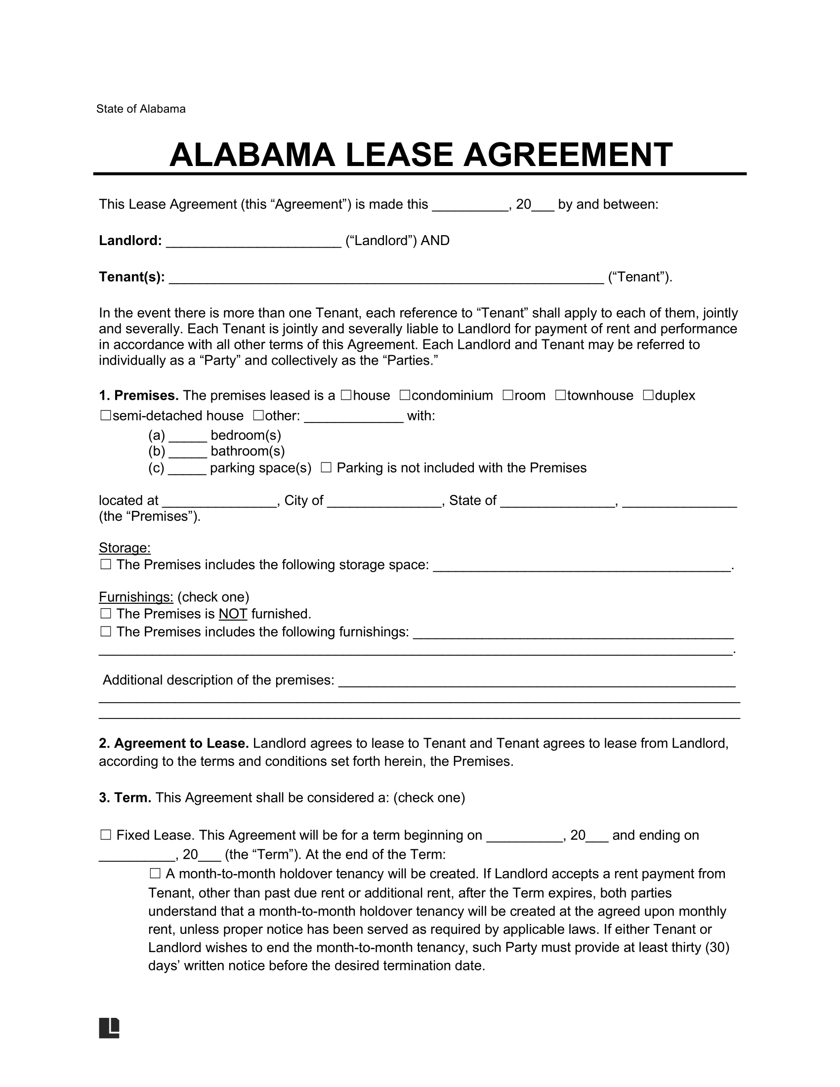 Alabama Lease Agreement Template