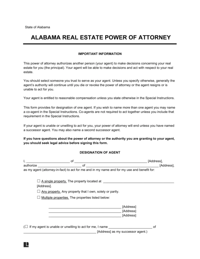 Alabama Real Estate Power of Attorney Form
