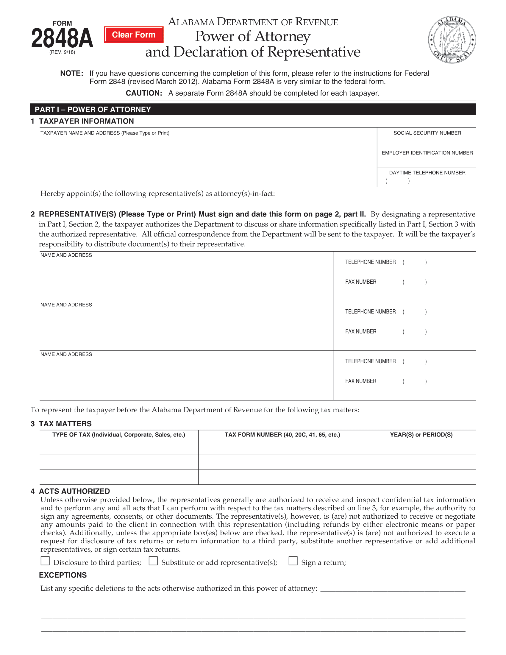 Alabama Tax Power of Attorney Form 2848A