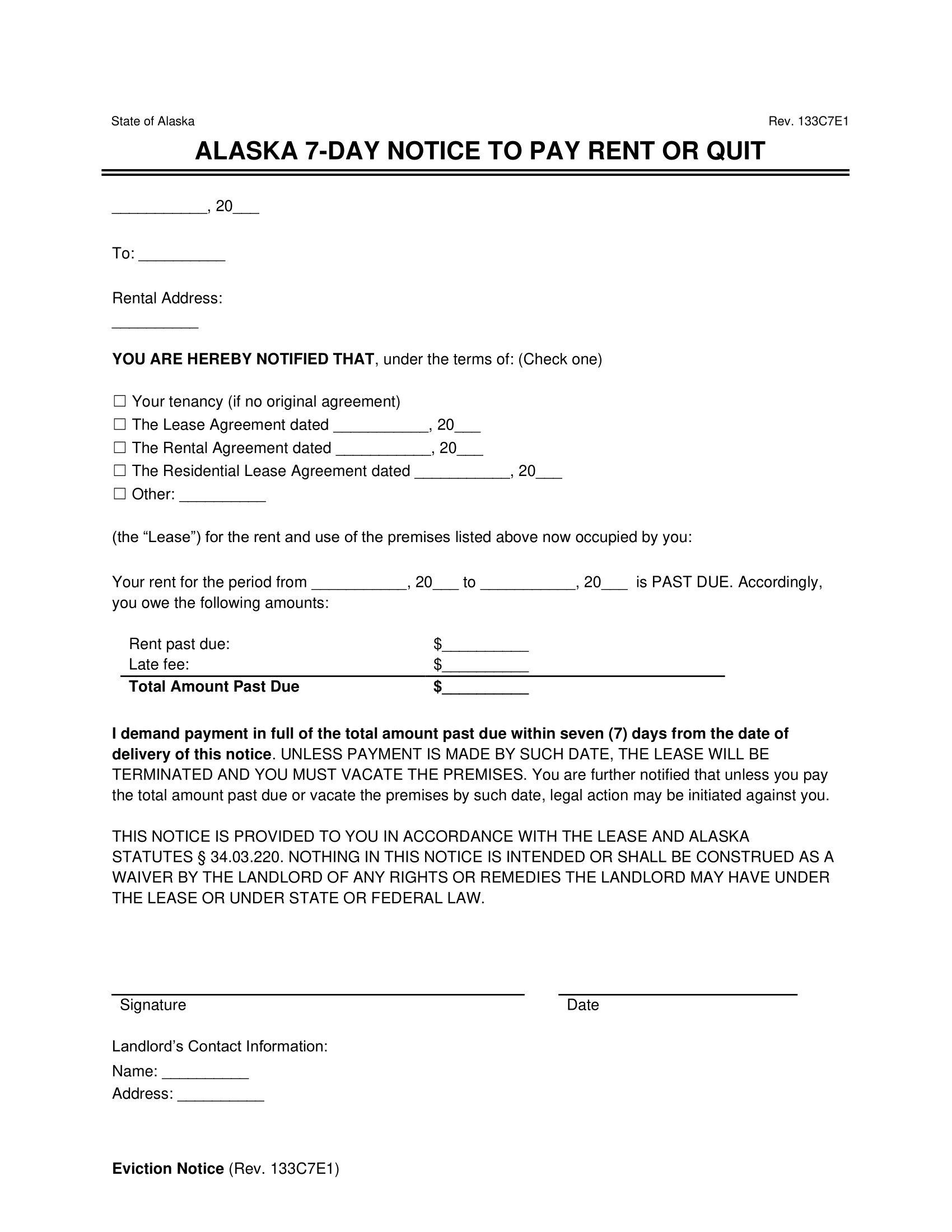 Alaska 7-Day Notice to Quit for Non-Payment of Rent