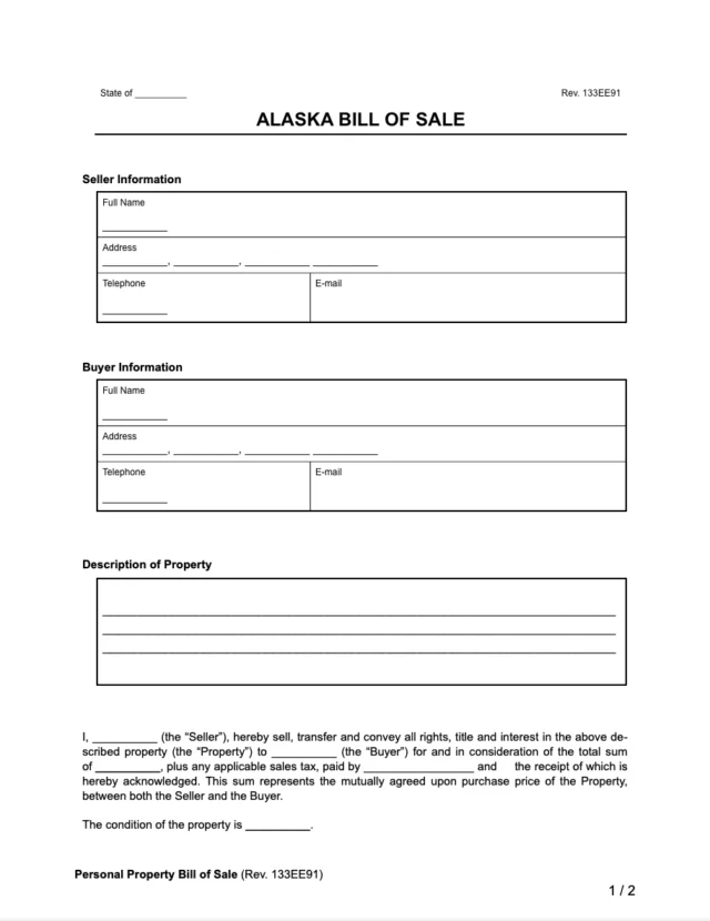 Alaska Bill of Sale Template