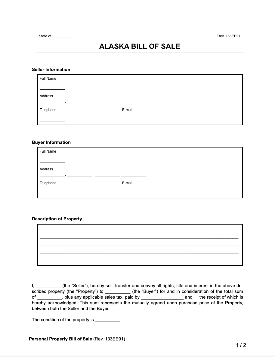 Alaska Bill of Sale Template