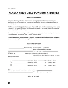 Free Alaska Minor (Child) Power of Attorney Form | PDF & Word