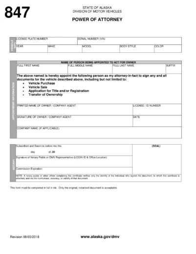 Alaska Motor Vehicle Power of Attorney Form