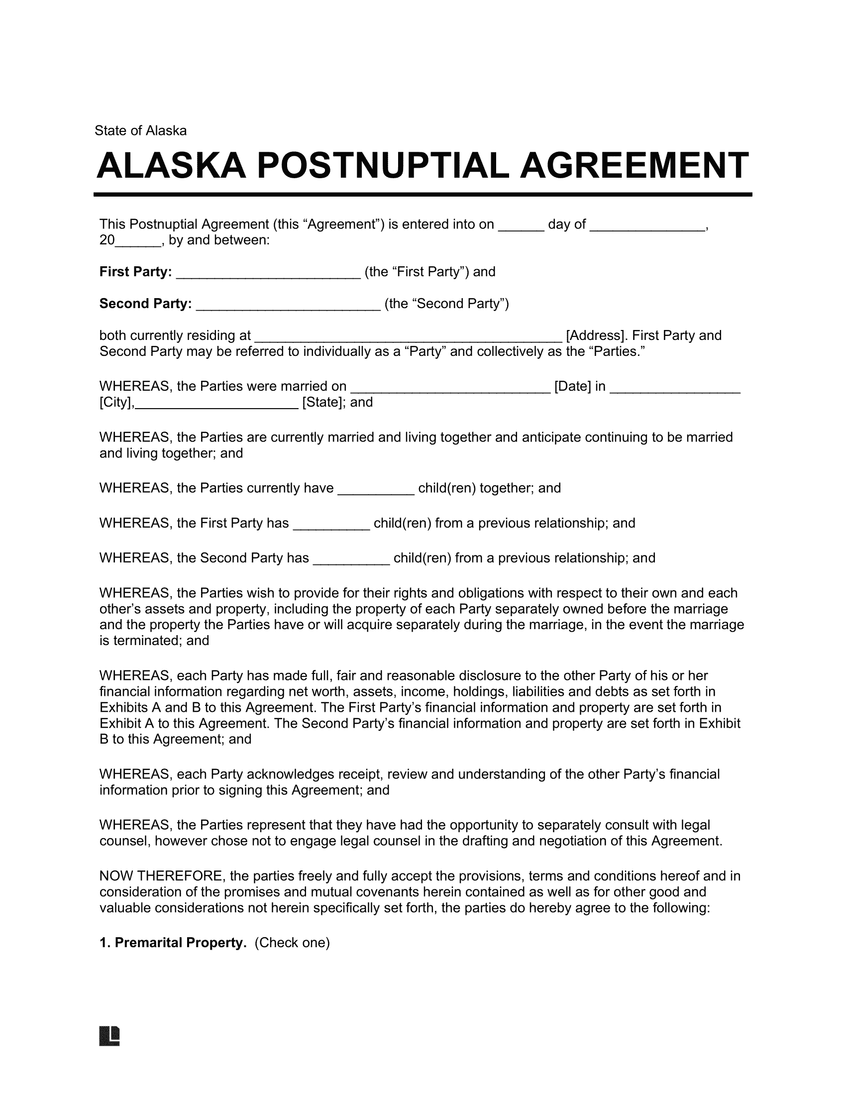 Alaska Postnuptial Agreement Template