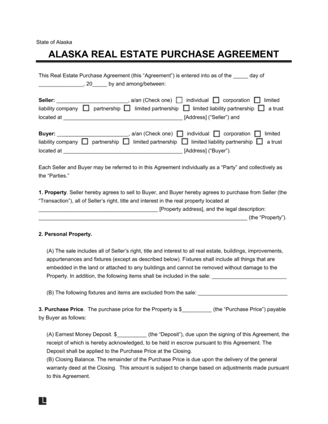 Alaska Residential Purchase Agreement Template