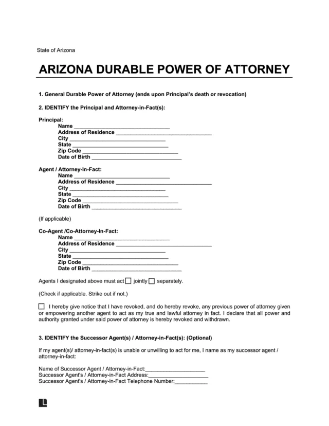 Arizona Durable Power of Attorney Form