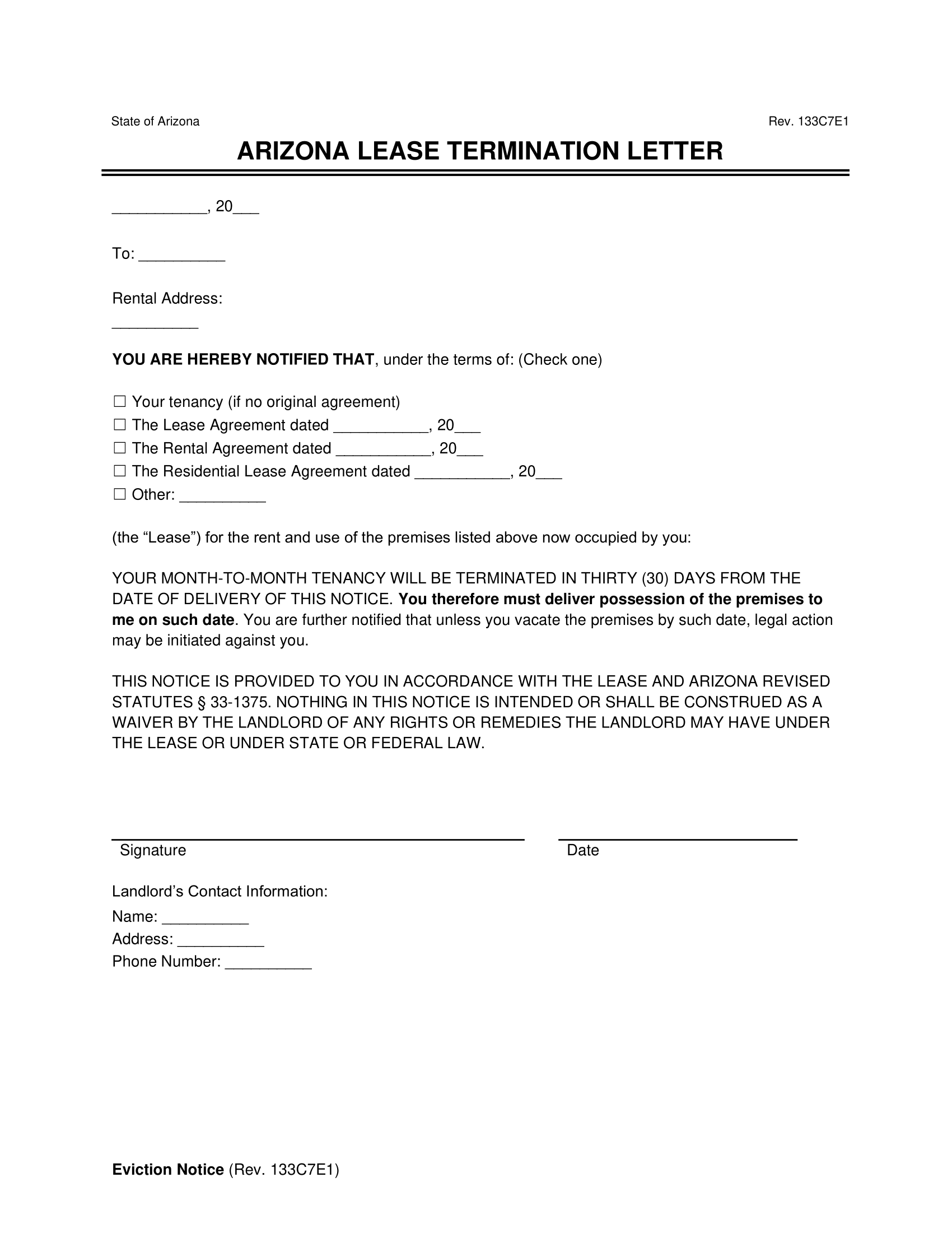 Arizona Lease Termination Letter Template