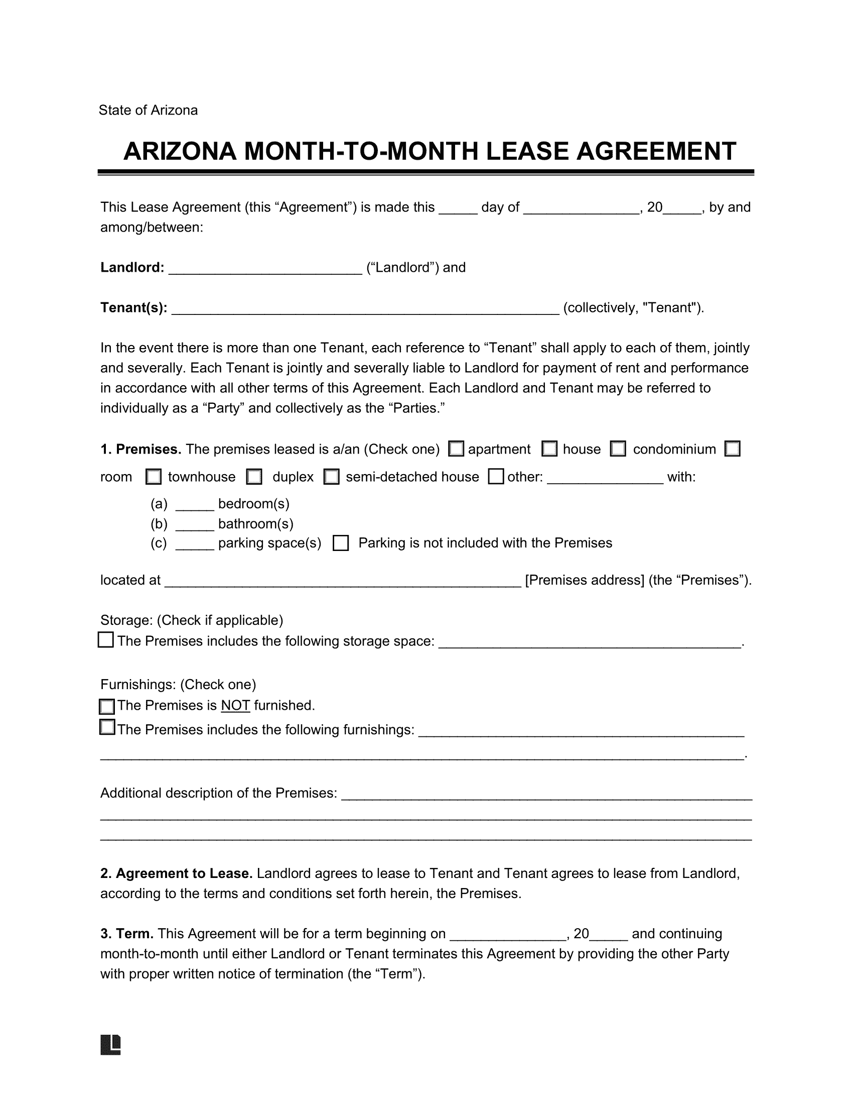 Arizona Month-to-Month Rental Agreement
