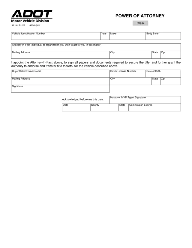 Arizona Motor Vehicle Power of Attorney Form