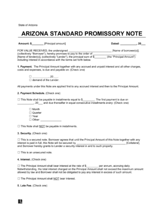 Arizona Standard Promissory Note Template