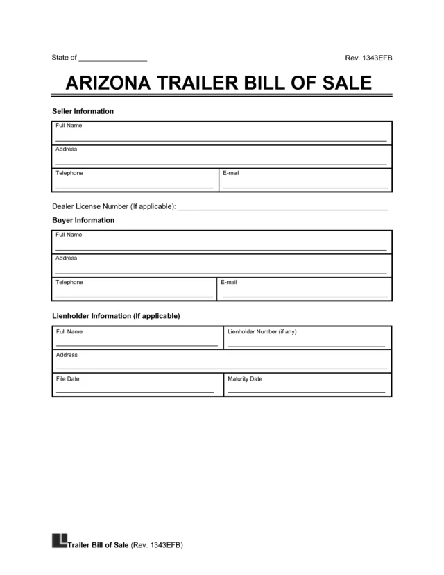 Arizona Trailer Bill of Sale Template
