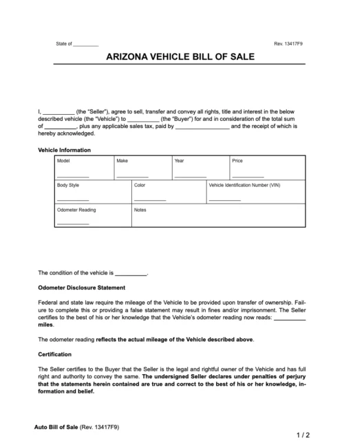 Arizona vehicle bill of sale