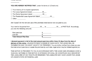 Arkansas 3-Day Notice to Quit for Non Payment of Rent