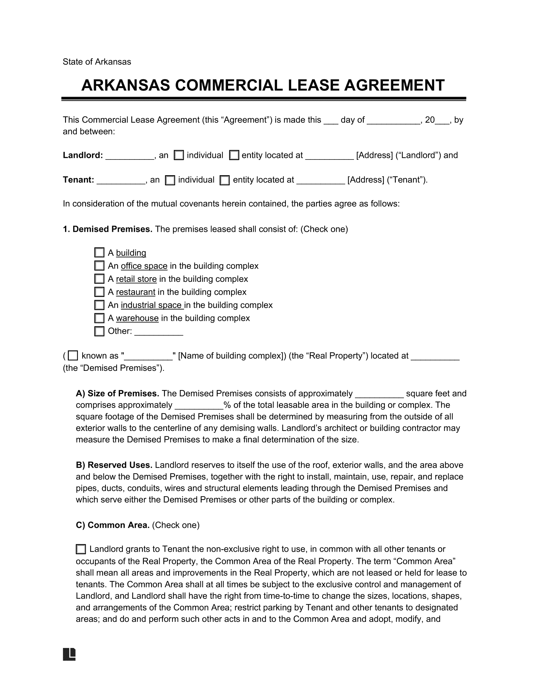 Arkansas Commercial Lease Agreement Template