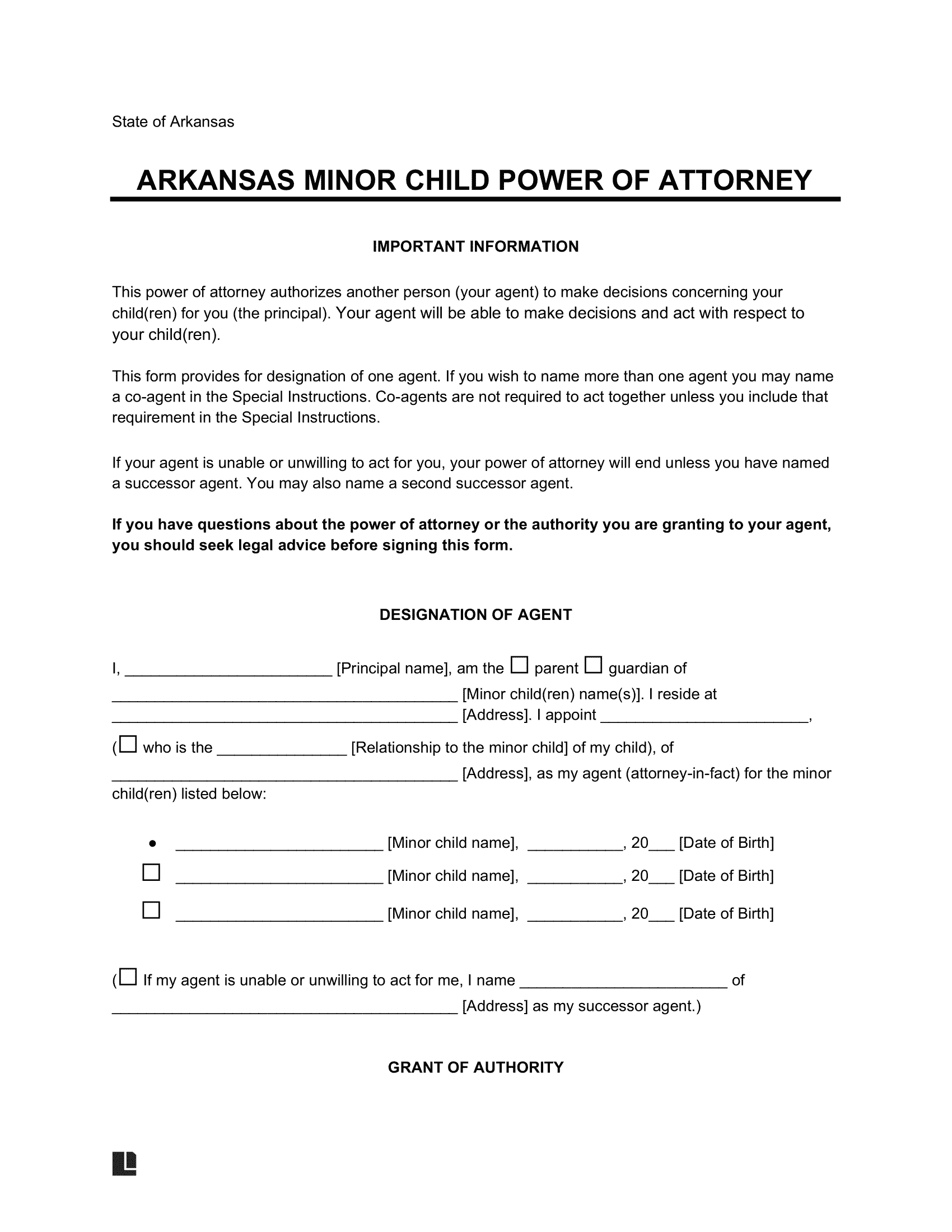 Arkansas Minor Child Power of Attorney Form