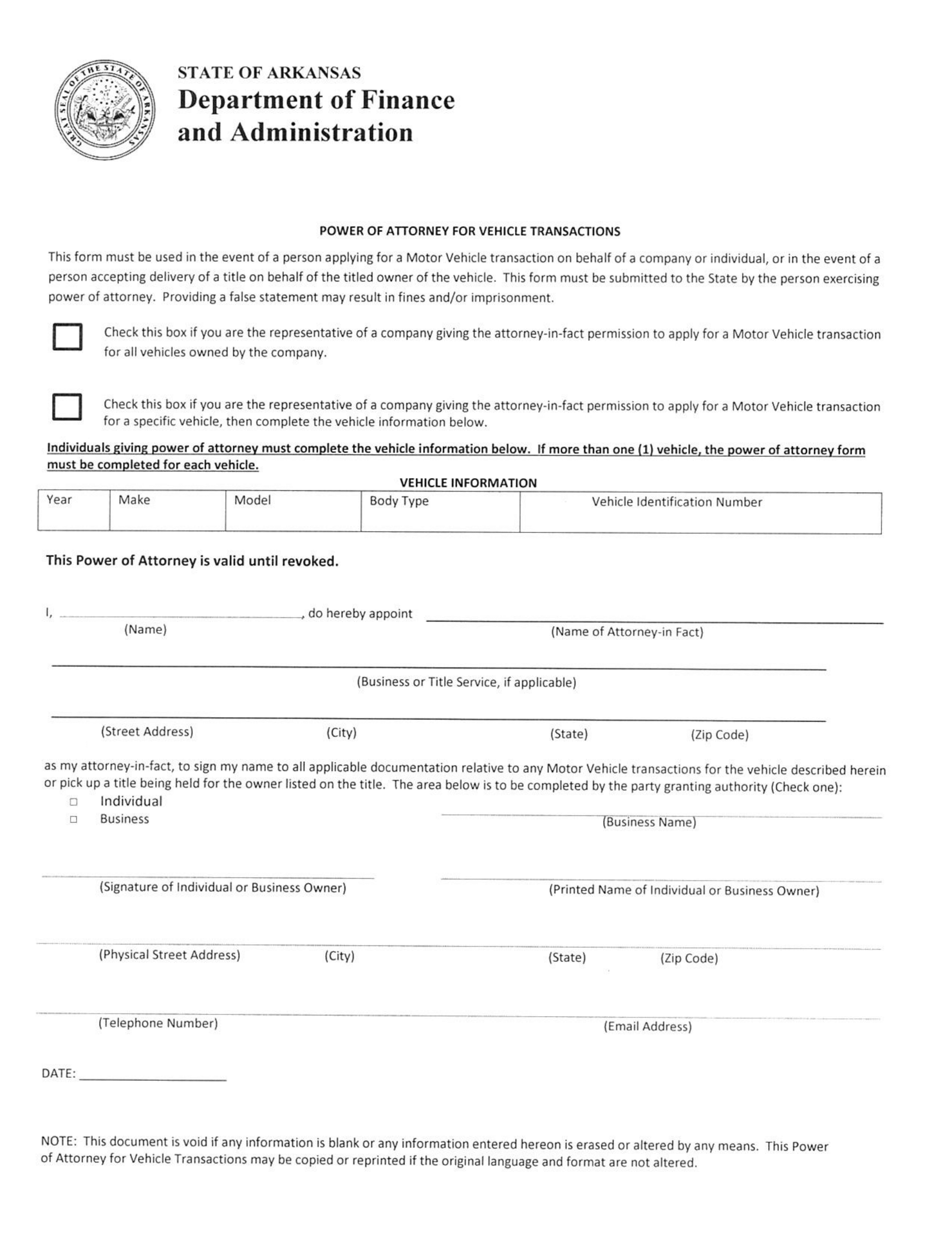 Arkansas Motor Vehicle Power of Attorney Form