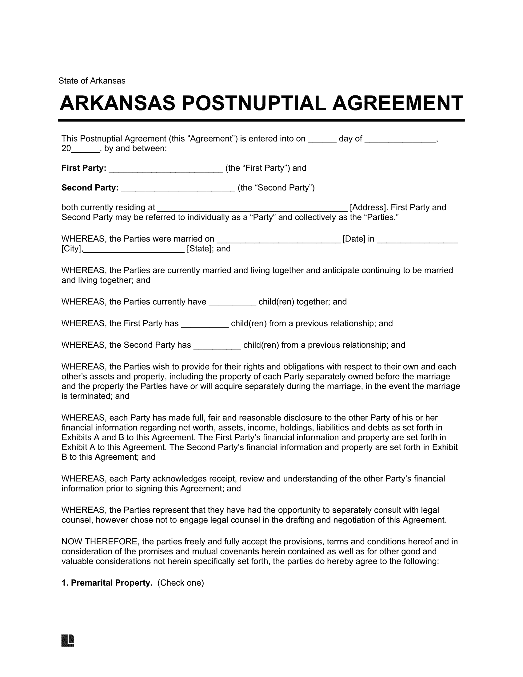 Arkansas Postnuptial Agreement Template
