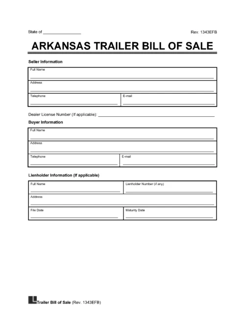 Arkansas Trailer Bill of Sale Template