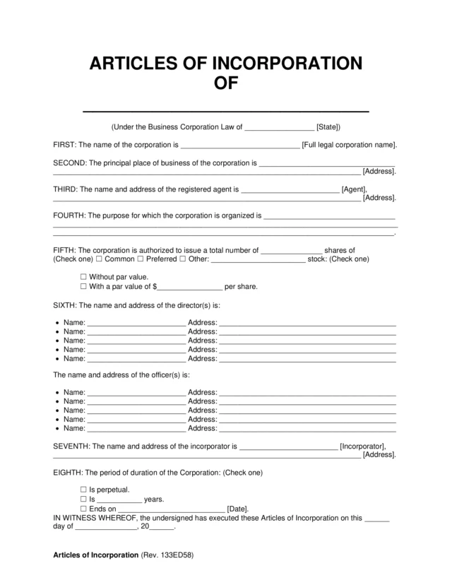 Sample of an Articles of Incorporation Template