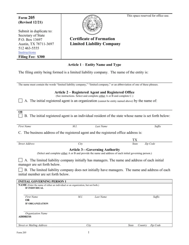 an example of an Articles of Organization official state form