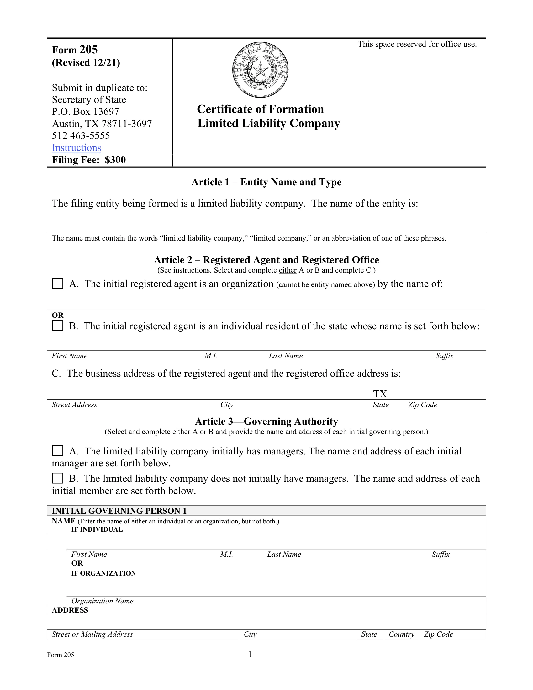 an example of an Articles of Organization official state form