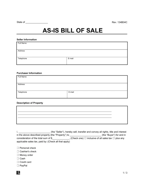 As-is bill of sale screenshot