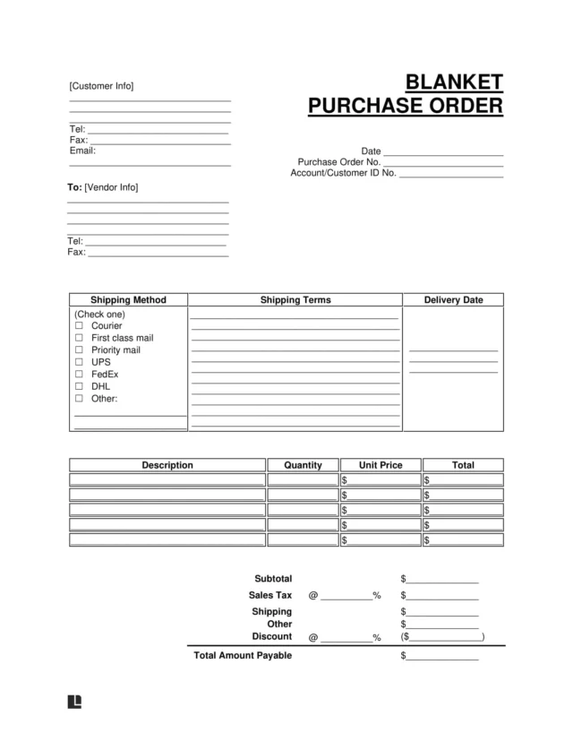 Blanket Purchase Order Template Screenshot