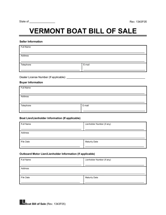 Vermont Boat Bill of Sale Template