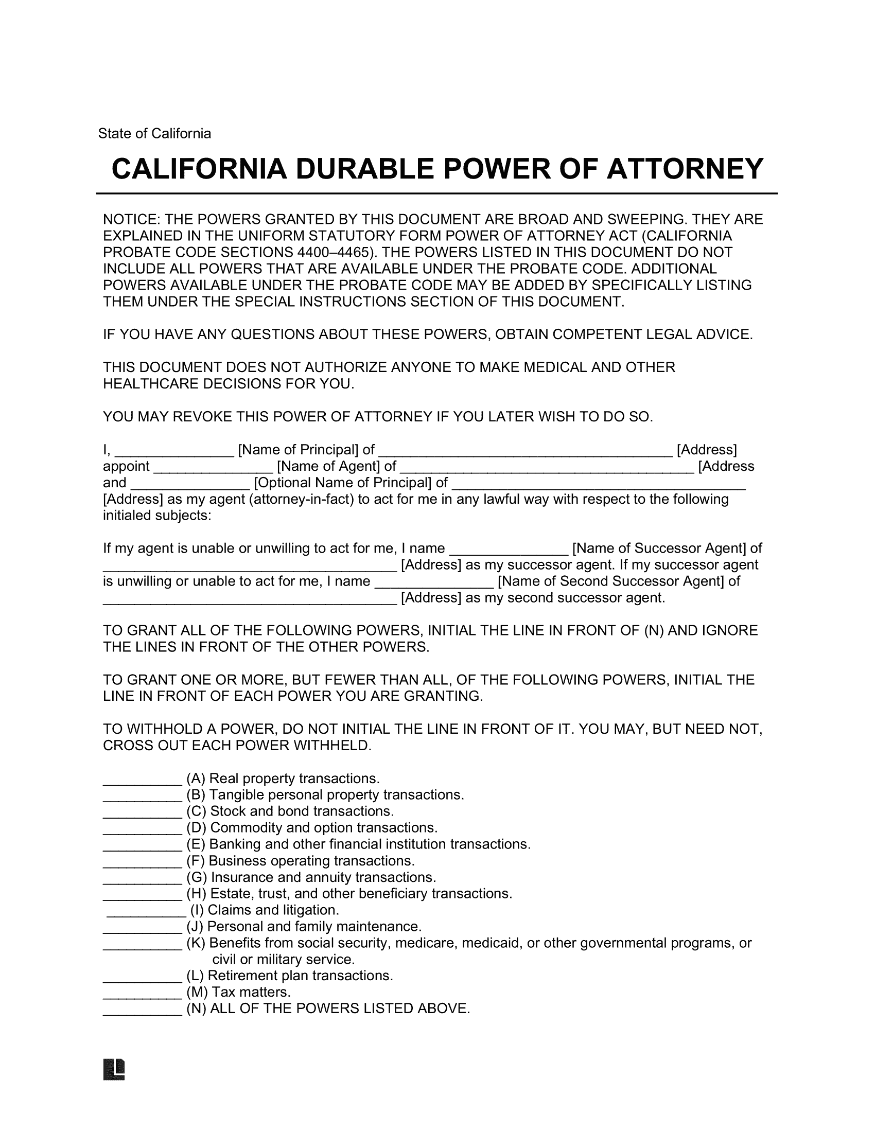 California Durable Statutory Power of Attorney Form