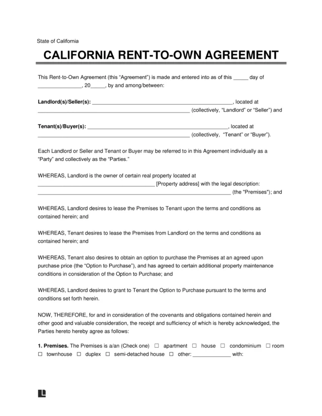 California Lease-to-Own Option-to-Purchase Agreement