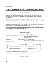 California Minor Child Power of Attorney Form