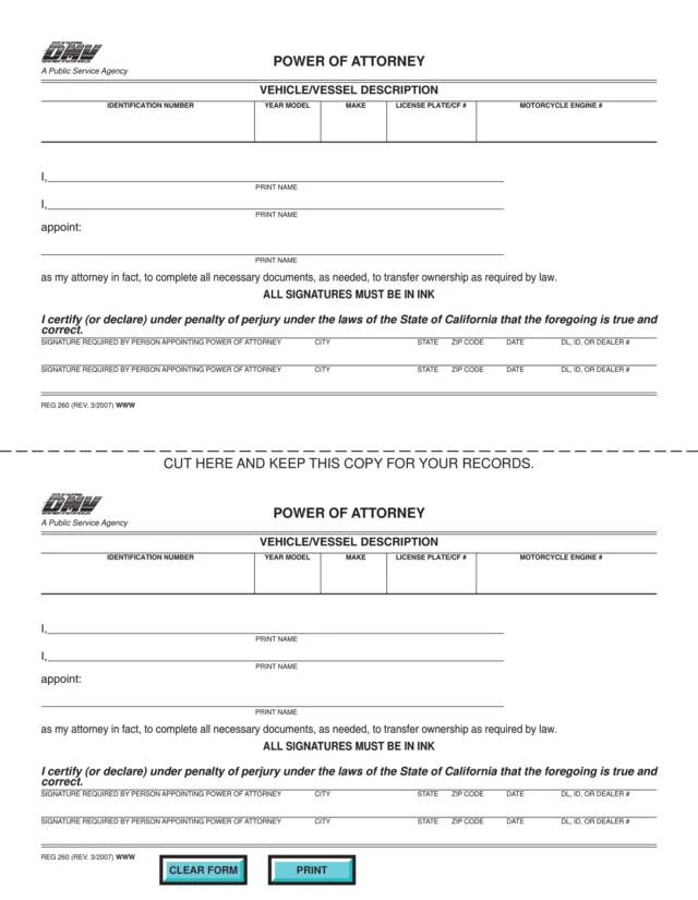 California Motor Vehicle Power of Attorney Form