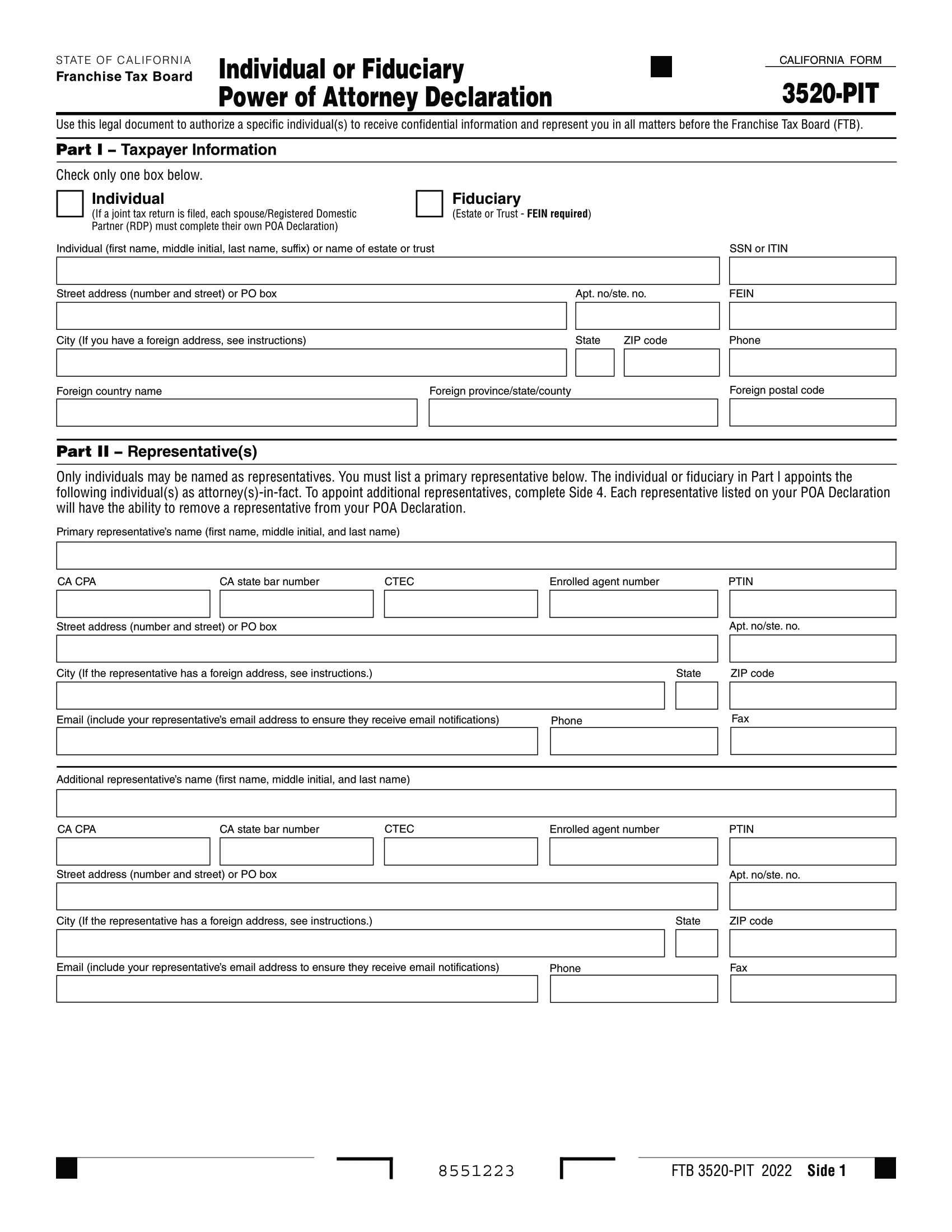 California Tax Power of Attorney Form FTB 3520-PIT