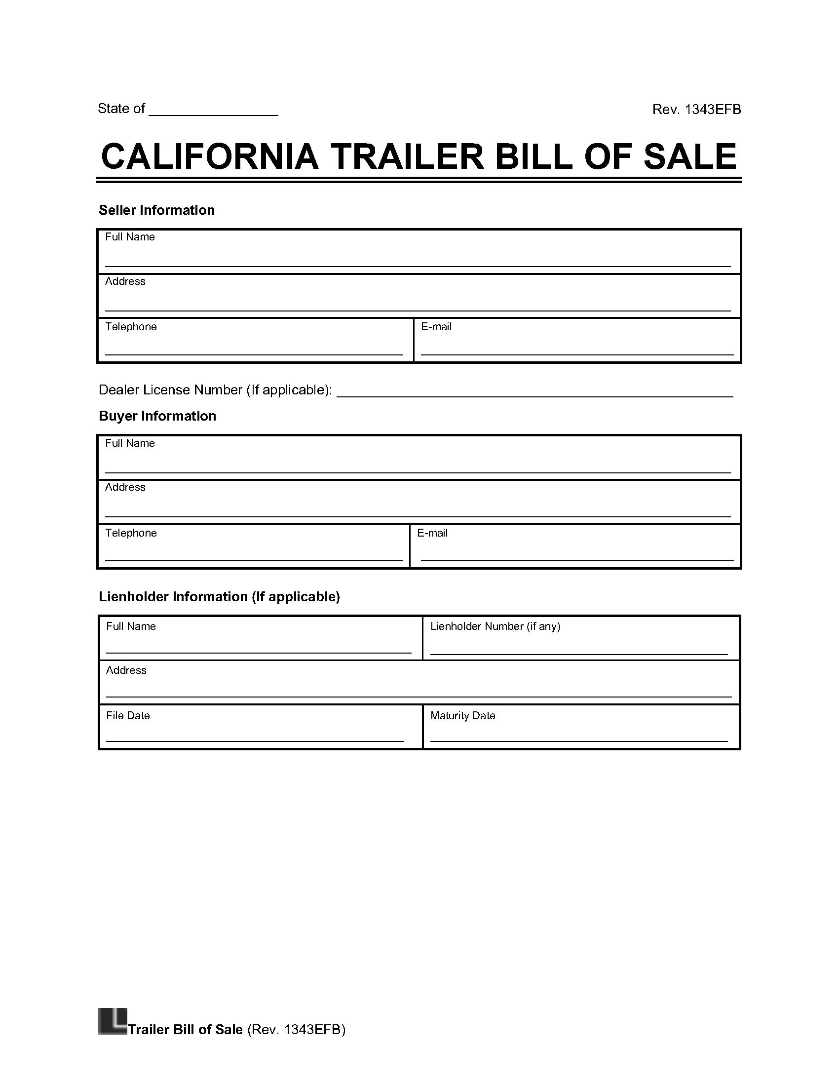 California Trailer Bill of Sale template