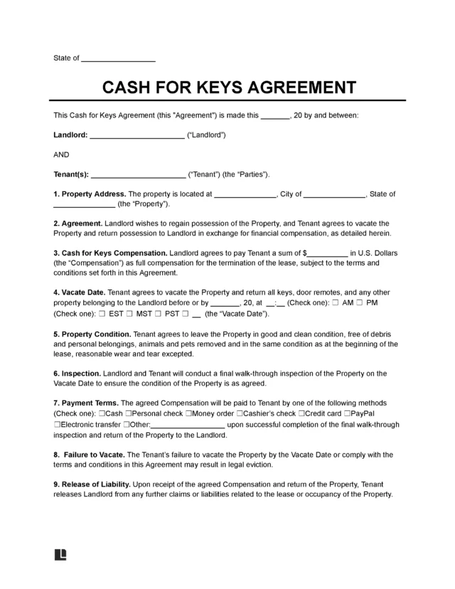 Cash for Keys Agreement Form