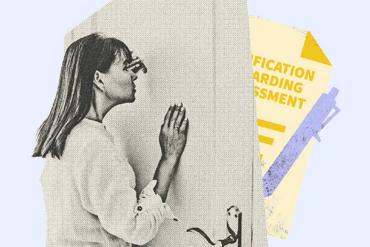 woman peeking through a door viewer with a hand on the wall, symbolizing concern over neighbor harassment, alongside a document and pen