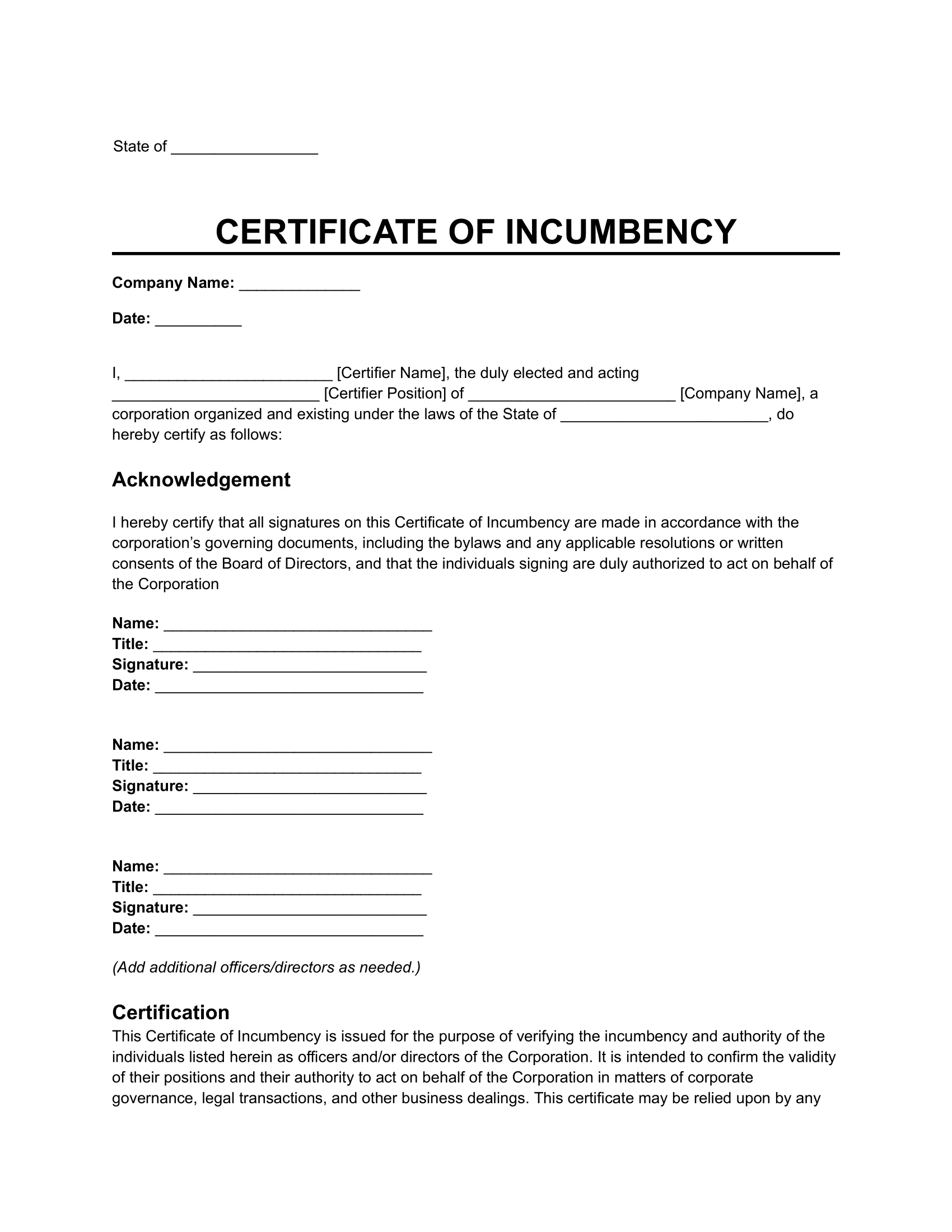 Certificate of Incumbency template
