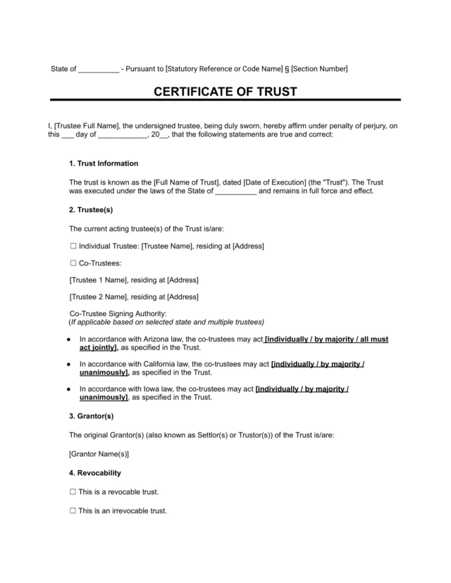 Certificate of Trust form template