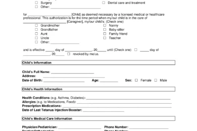 Sample of a Child Medical Consent Form or Medical Treatment Authorization and Consent for a child