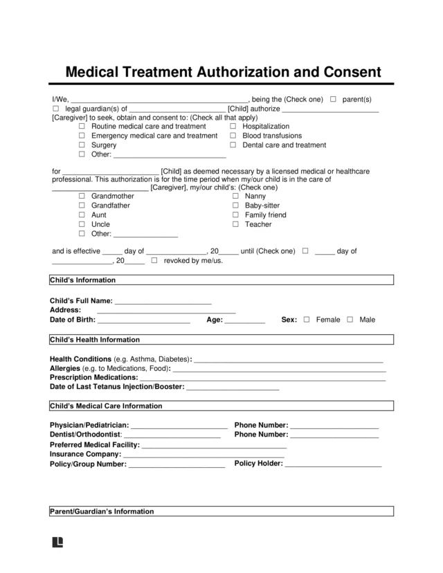 Sample of a Child Medical Consent Form or Medical Treatment Authorization and Consent for a child