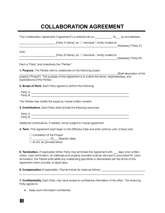 Collaboration agreement template in a fillable form
