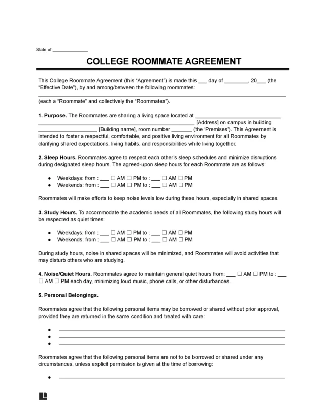 College Roommate Agreement Template