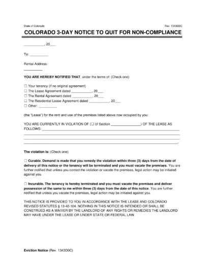 Colorado 3-Day Notice to Quit for Non-Compliance